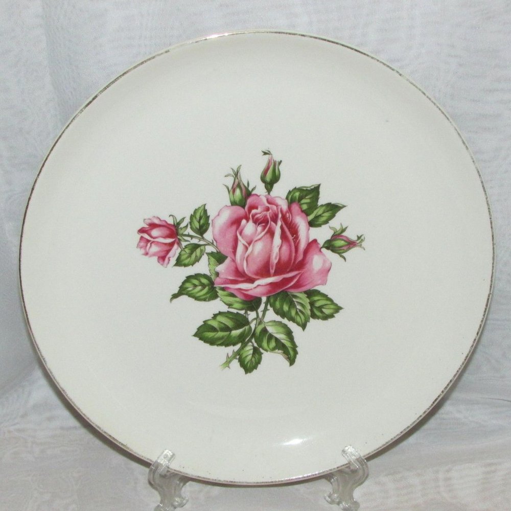 Vintage Dominion China Rose Bower Dinner Plate 22K Gold 74-60 Pink Floral 9 3/4"